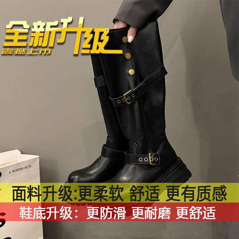 不过膝增高骑士靴子女2025新款秋季棕色复古英伦风粗跟厚底长筒靴|undefined