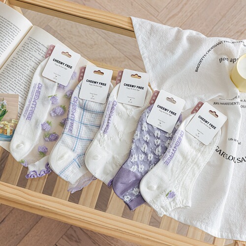 ins trendy Japanese spring and summer new style light purple lace transparent glass stockings fungus edge floral shallow socks