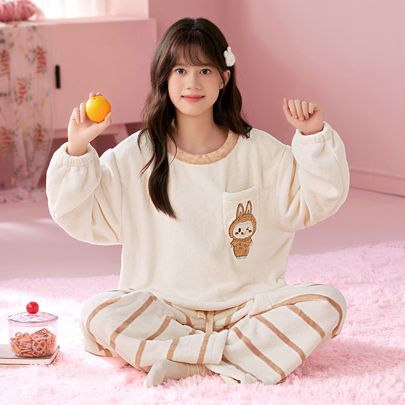 Children's Pajamas Winter Fleece-Lined Thickeneded Coral Velvet Boys and Girls Baby Girls Flannel Home Clothes Family Set