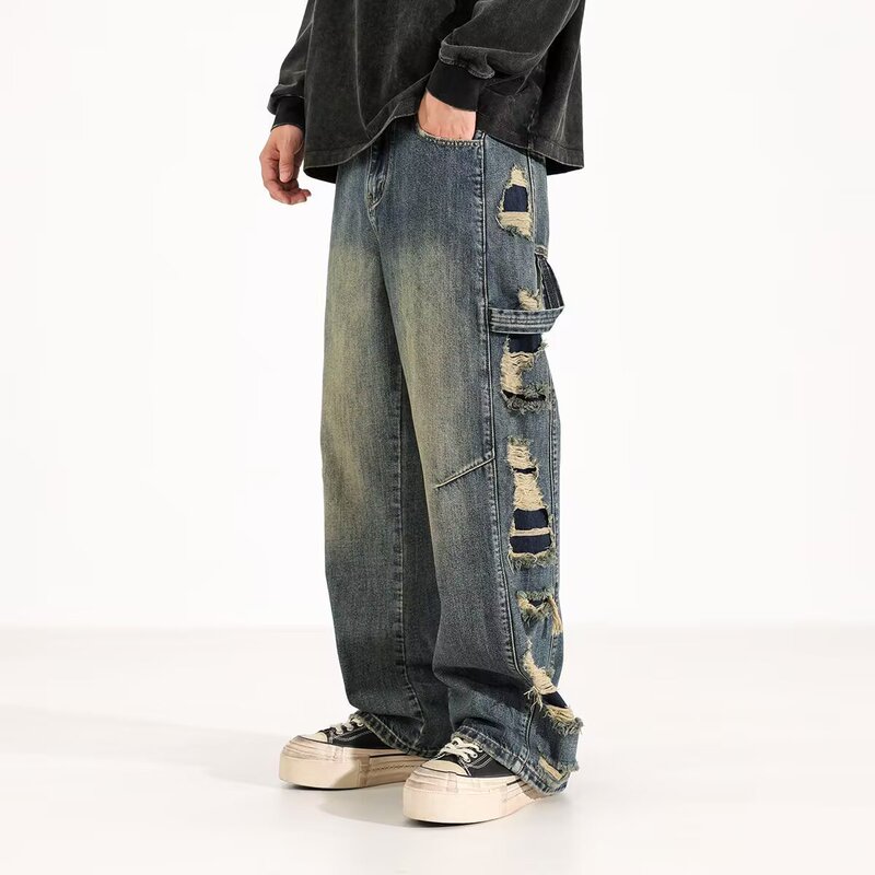 American High Street New Retro Ripped Washed Distressed Jeans Men's Trendy Brand Personalized Distressed Loose Straight Pants