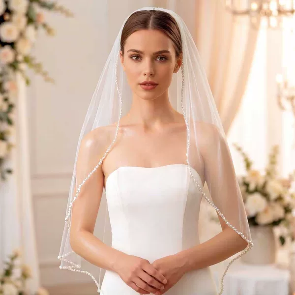 Cross-Border New Style Short Bridal Veil with Hand-Sewn Beads and Crystal Trim, Single-Layer Pearl Veil with Hair Comb, Foreign Trade Beaded Veil