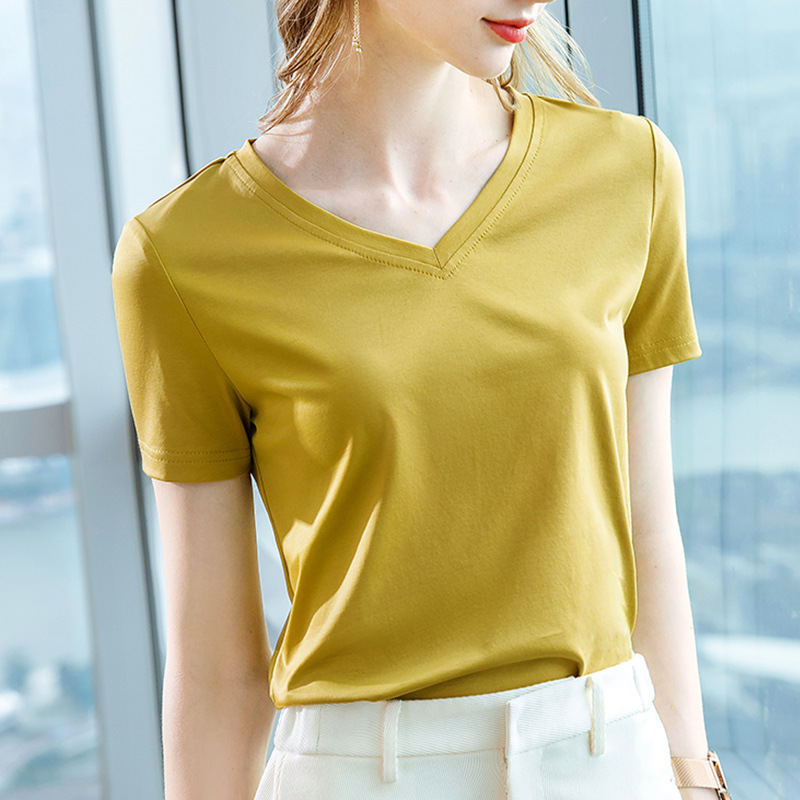 アイスフィールシルケットコットン半袖 Tシャツ女性のための 2025 新しい女性の気質 V ネック純綿 Tシャツ無地ハイエンドトップ|undefined
