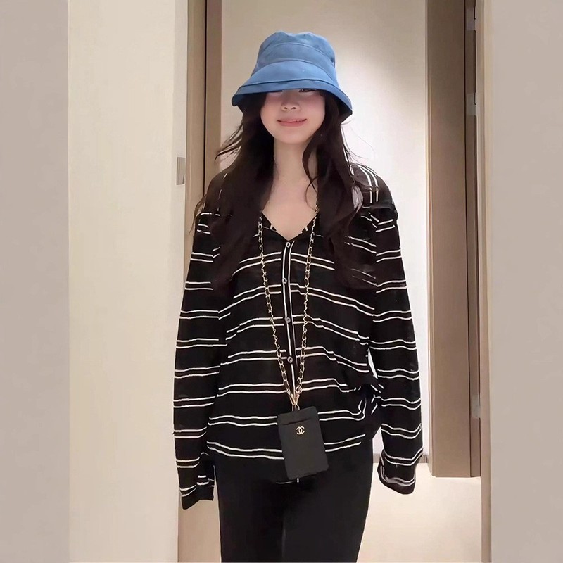 休闲百搭长袖连帽条纹开衫T恤女早秋韩系慵懒薄款防晒衣上衣外套|undefined