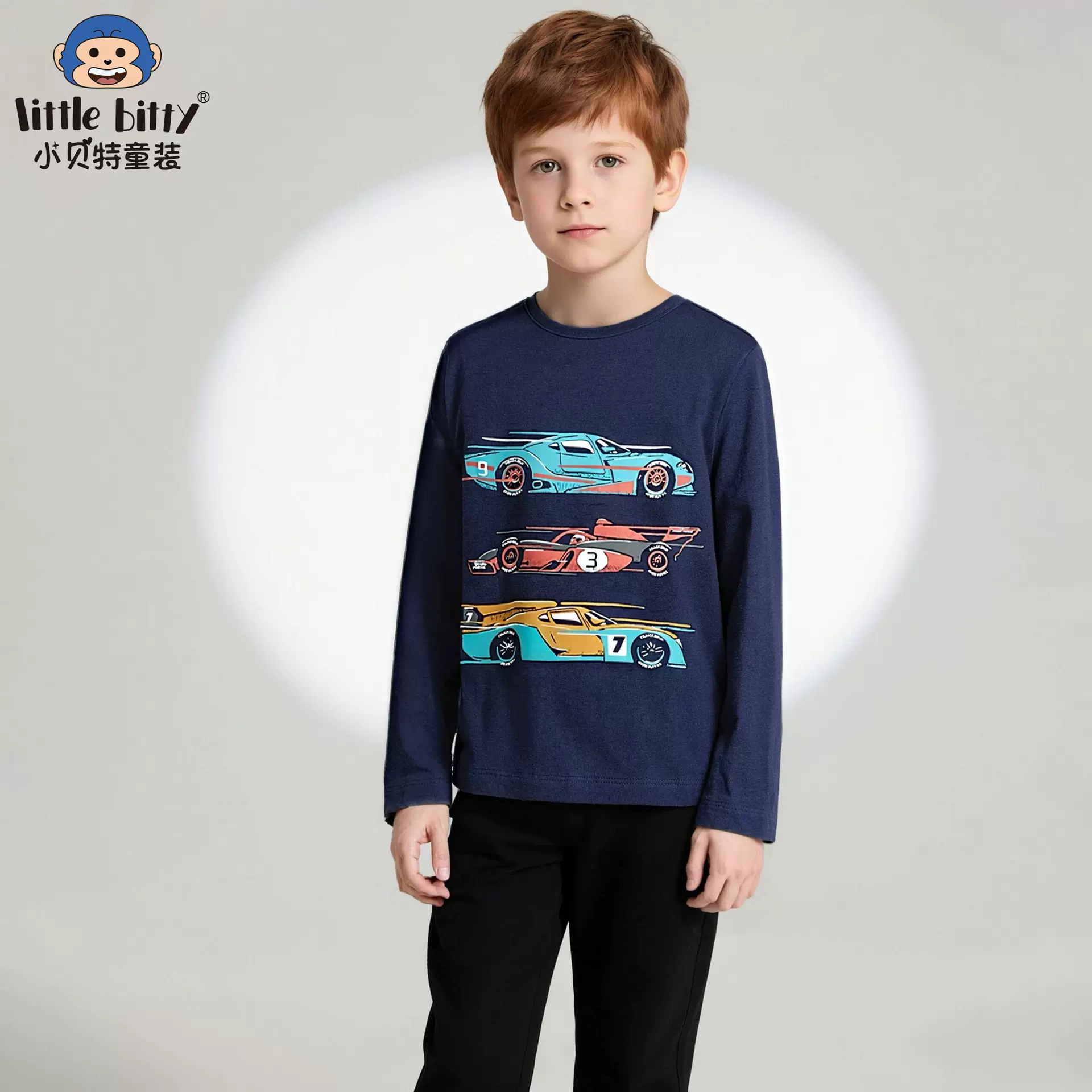 欧美25年秋季男童长袖T恤卡通汽车印花圆领针织上衣现货跨境外贸
