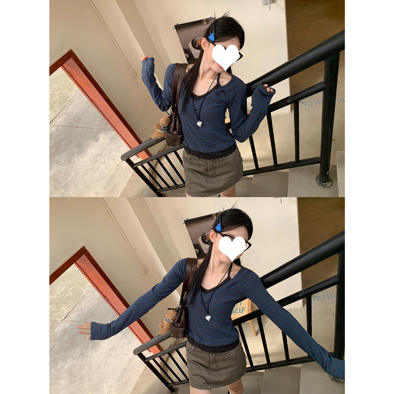 大码胖MM韩系辣妹风假两件条纹拼接T恤女秋季新款修身设计感上衣|undefined