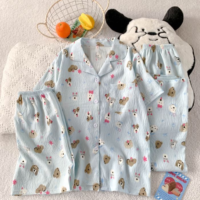 Volumen de carrera transfronterizo verano nuevo pijama amor de las mujeres pantalones cortos largos de manga corta traje de tres piezas de algodón nube ropa de hogar se puede usar afuera