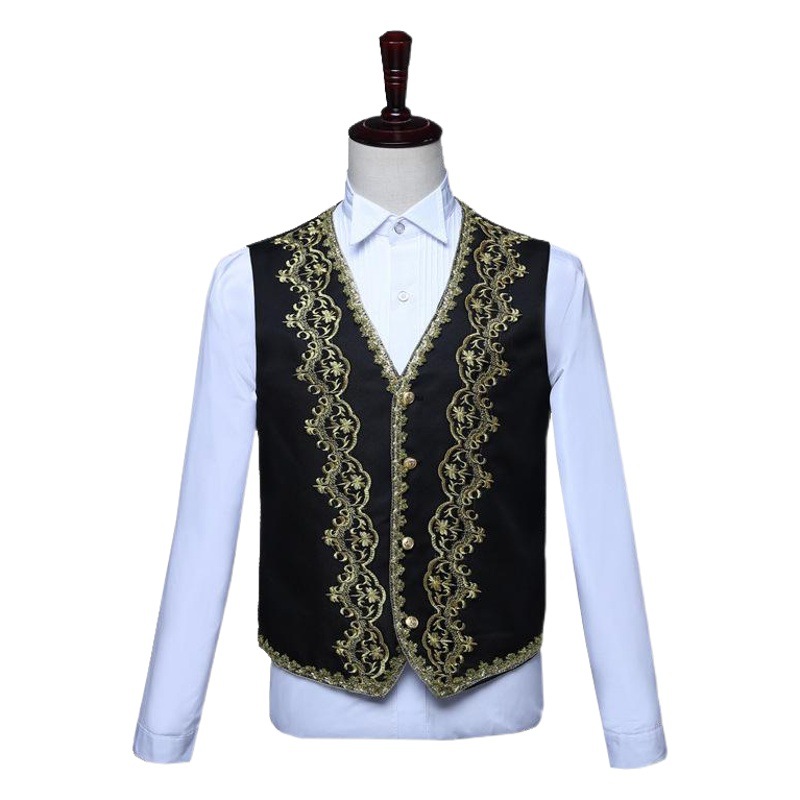 Men's European-style gold-inlaid gown court men's waistcoat three-piece studio costume black and white opera stage table