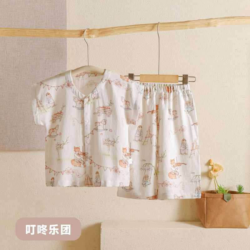 a类儿童家居服夏季薄款短袖宝宝竹棉透气女童装双层纱睡衣驱蚊|undefined