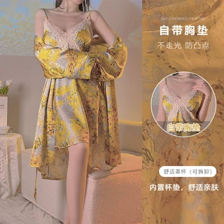 瑰若品牌黄色碎花胸垫缎面交叉蕾丝收腰显瘦舒适睡裙外袍套装3788
