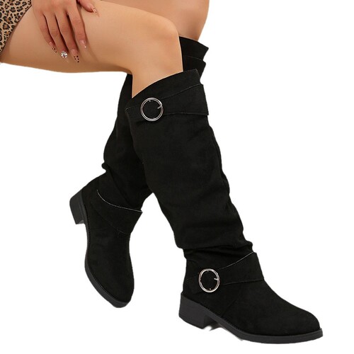 Wide-fit Autumn/Winter Pleated Flat Western Cowboy Boots for Women with Belt Buckle Long Boots Thick Heel Slimming Tall