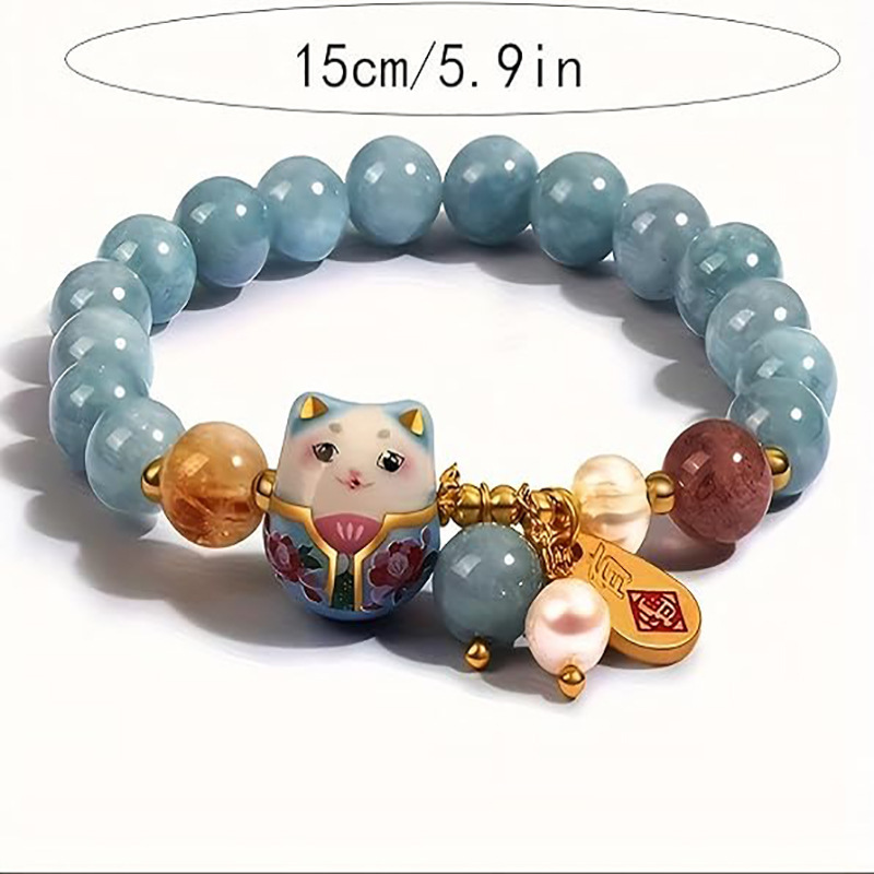 Amazon's Best-Selling Cute and Fashionable Ceramic Lucky Cat Blessing Bracelet Aquamarine Natural Beaded Women's Bracelet