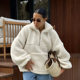 Autumn and winter personalized fashion beige knitted casual lamb cashmere small stand collar lantern sleeve cross-border plush loose sweater women