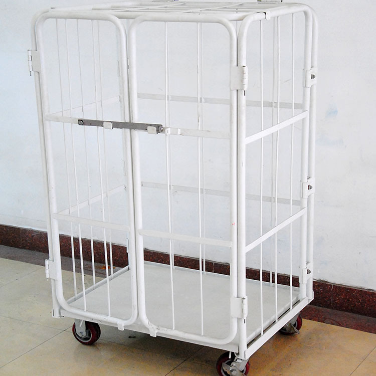 四门物流台车 网格围栏金属底板可加配中隔板L型折叠双门周转笼车