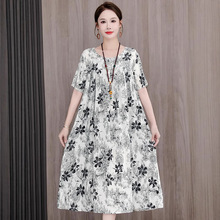 新款中年洋气妈妈棉绸连衣裙女夏季大摆人造棉长裙子婆婆夏装50岁