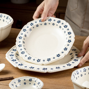 Japanese-Style Plates for Home Use 2024 New Ceramic Underglaze Color Round Plates High-Value Dish Plates Simple Deep Plates Soup Plates