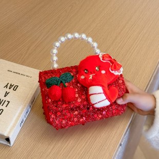 2025 Red Festive Children's New Year's Bag Western Pearl Girl's Handbag Embroidery Bow Children's Crossbody Bag