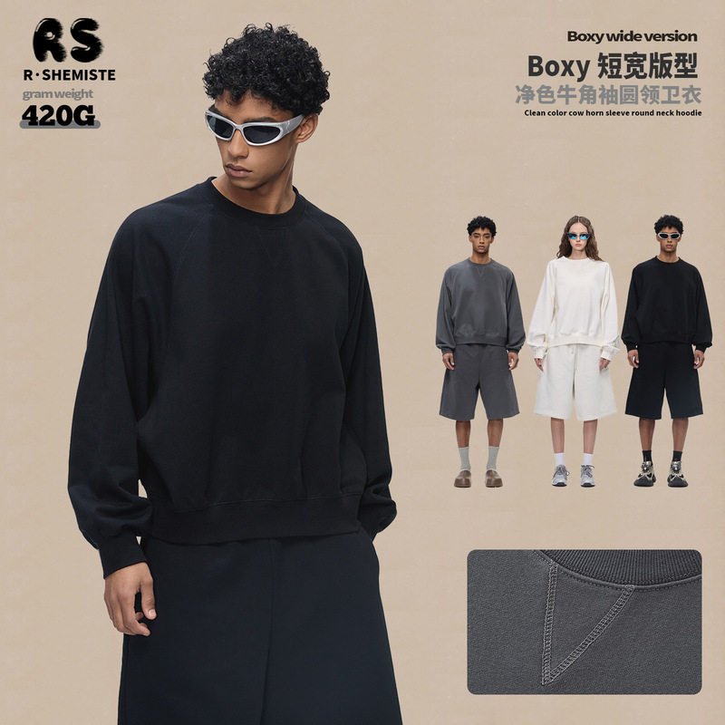 Rs Men's Clothing | Boxy Deconstructed Horn Sleeve Hasselblad Round Neck Sweatshirt 420g Heavy Splicing Cut Short Wide Sweatshirt for Men Rs Men's Clothing | Boxy Deconstructed Horn Sleeve Hasselblad Round Neck Sweatshirt 420g Heavy Splicing Cut Short Wide Sweatshirt for Men
