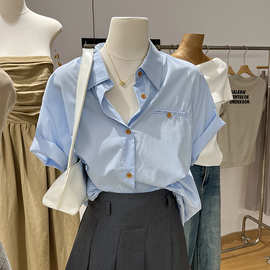 蓝色衬衫女短袖夏季薄款休闲宽松简约白色衬衣设计感韩版新款上衣