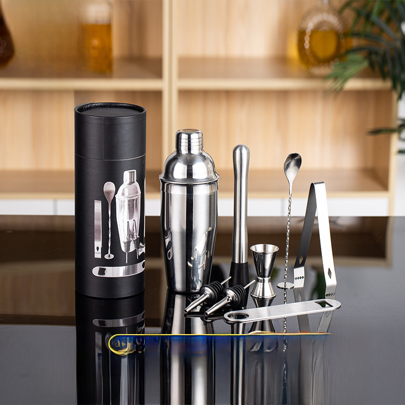 跨境爆款不锈钢调酒器套装酒吧鸡尾酒圆桶包装调酒工具