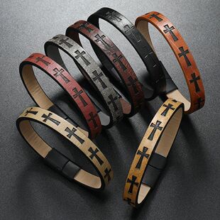 Cross-border new European and American style printed cross men's bracelet magnet buckle alloy hand-woven leather bracelet