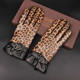 进口皮羊皮真皮加绒防风保暖触屏女秋冬手套豹纹撞色可调节分指