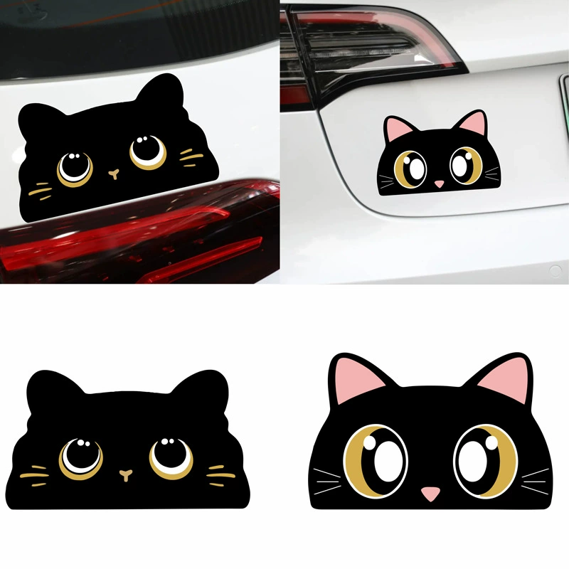 Наклейка на автомобиль с изображением черного кота, смотрящего из-за козырька, мультяшный дизайн, милый котенок, блокирующий царапины, креативная персонализированная наклейка для мотоцикла