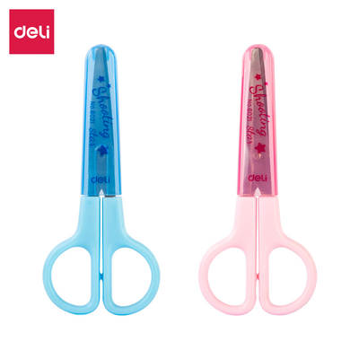 Deli 6021 student scissors pink blue student handmade small scissors easy to carry round tip