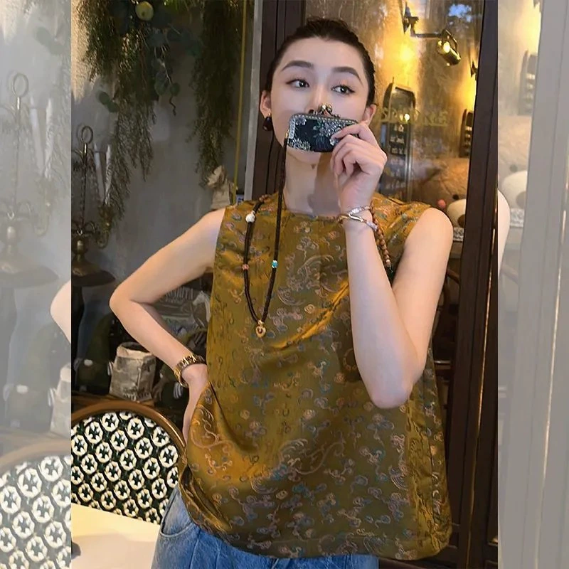 Новая женская одежда в китайском стиле, летняя одежда 2025 года, легкий национальный стиль, костюм Тан, атласный жилет без рукавов с принтом, женский летний миниатюрный топ