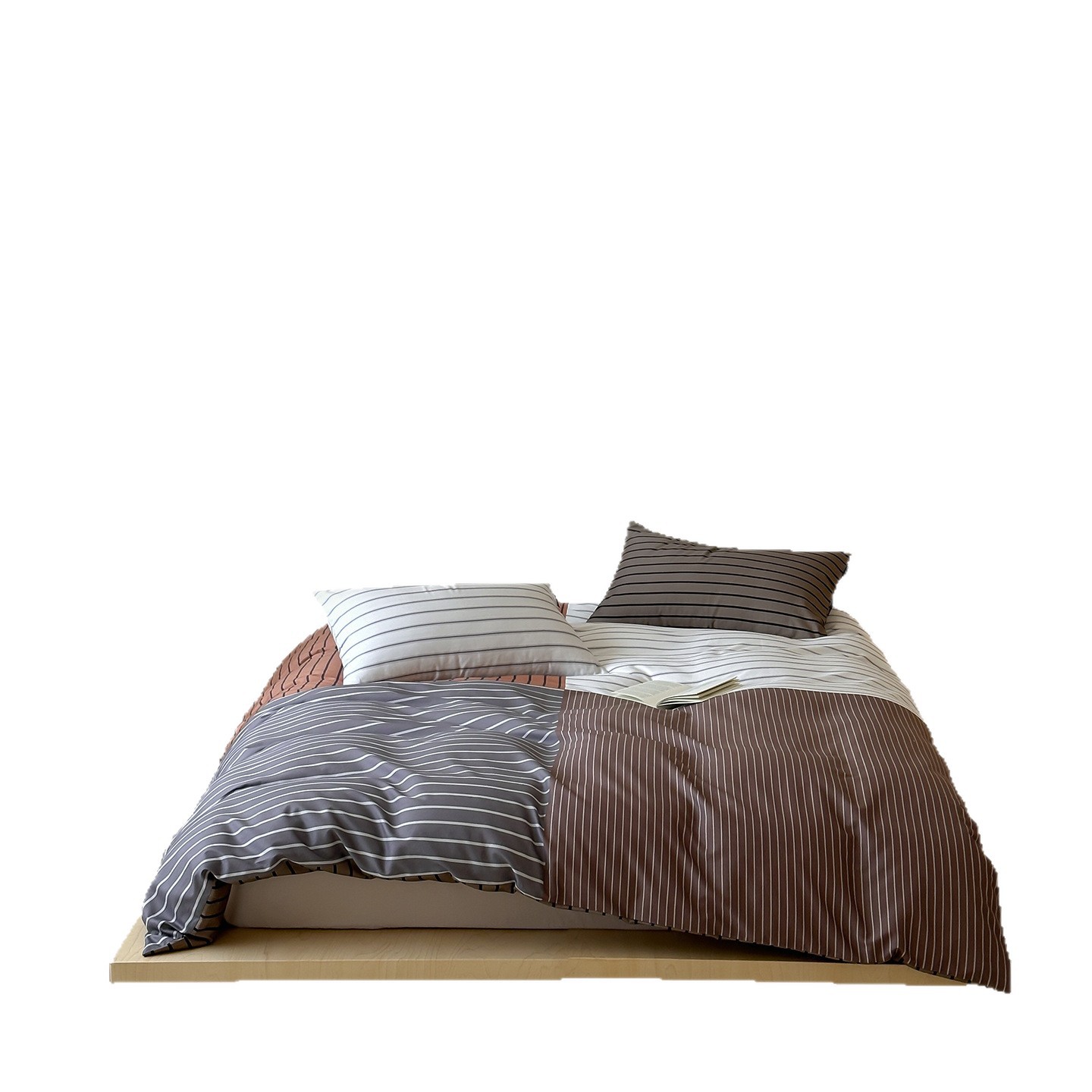 Ensemble de literie quatre pièces nordique minimaliste français rétro à rayures nordiques rétro, 100 fils/cm², en pur coton brossé chaud, drap-housse et couette simples et épais._voghion.com