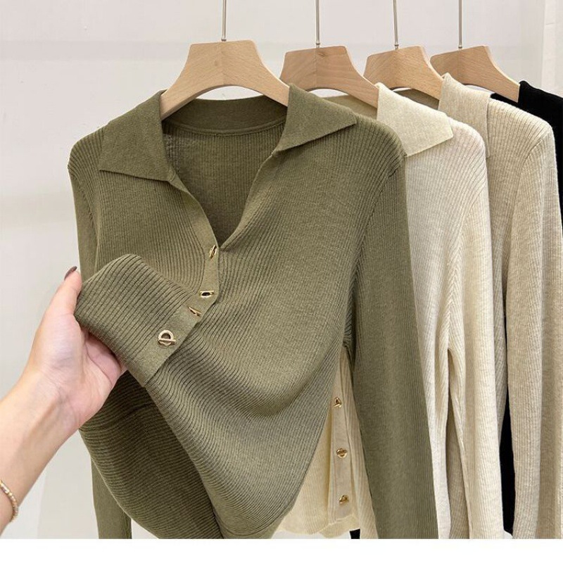 polo collar elegant bottoming shirt for women Spring and Autumn inner wear slim design sweater cardigan sweater early spring top