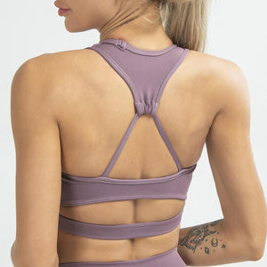 现货！跨境新款罗纹竖条纯色运动文胸防震聚拢高强度美背瑜伽文胸