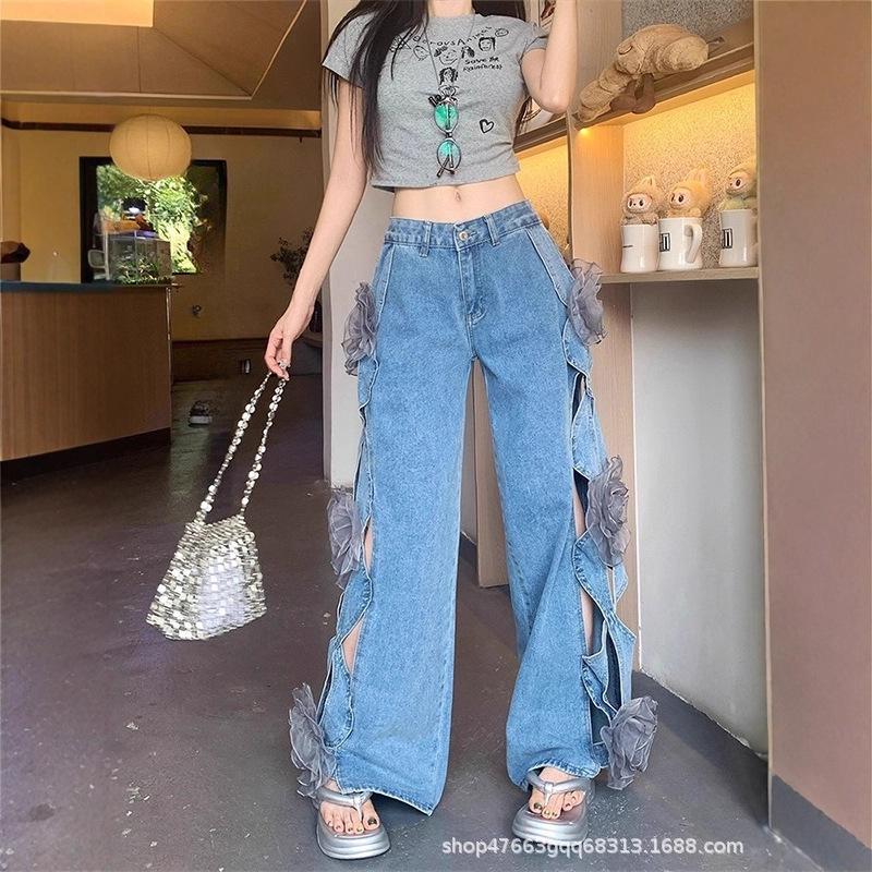 Retro Design Stereo Flower Cut Out Jeans for Women 2025 Summer New High Waist Loose Straight Wide Leg Pants