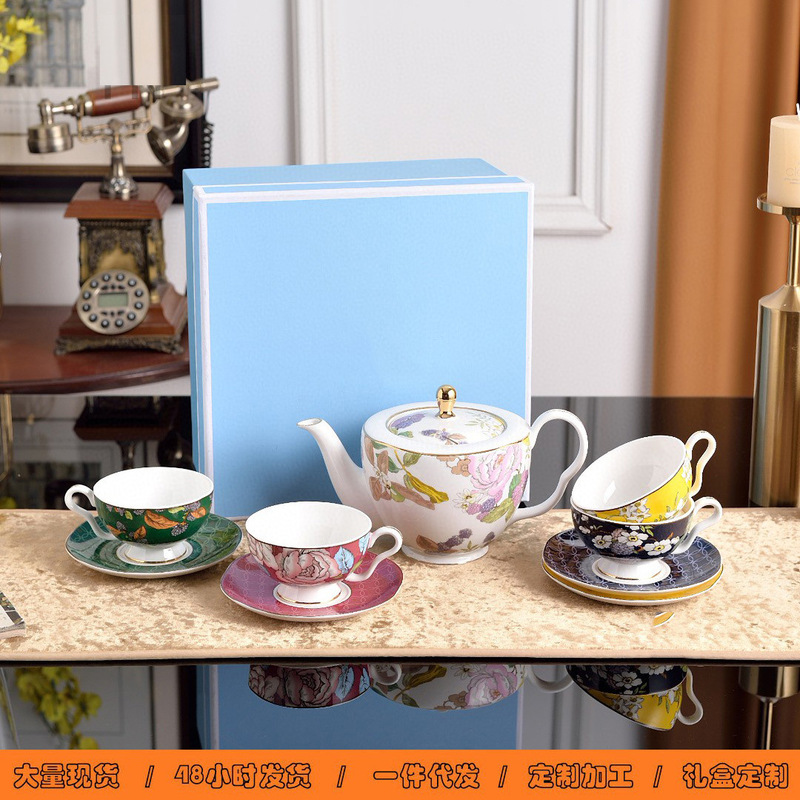 W Jiawei Living Tea Garden Bone China Coffee Cup and Saucer European-style Household Afternoon Flower Tea Cup Mid-Autumn Festival Gift for Friends