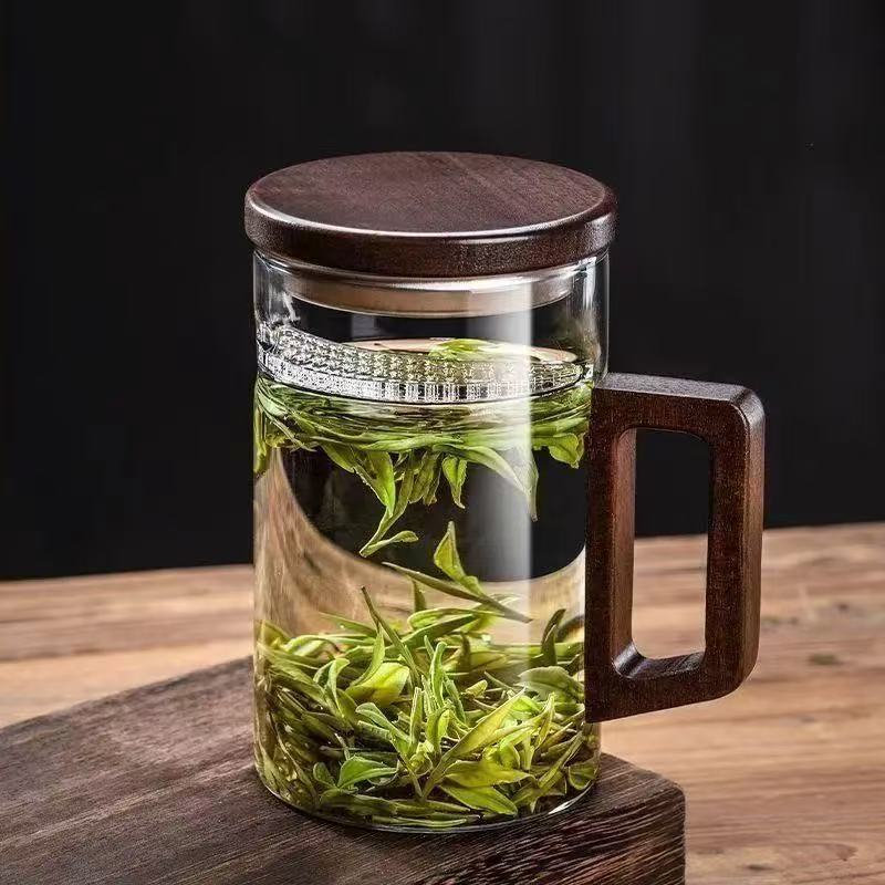 Taza de vidrio de alto silicio de silicio con mango, taza de té de vidrio, separación de agua, separación de té, taza de té personalizada para el hogar