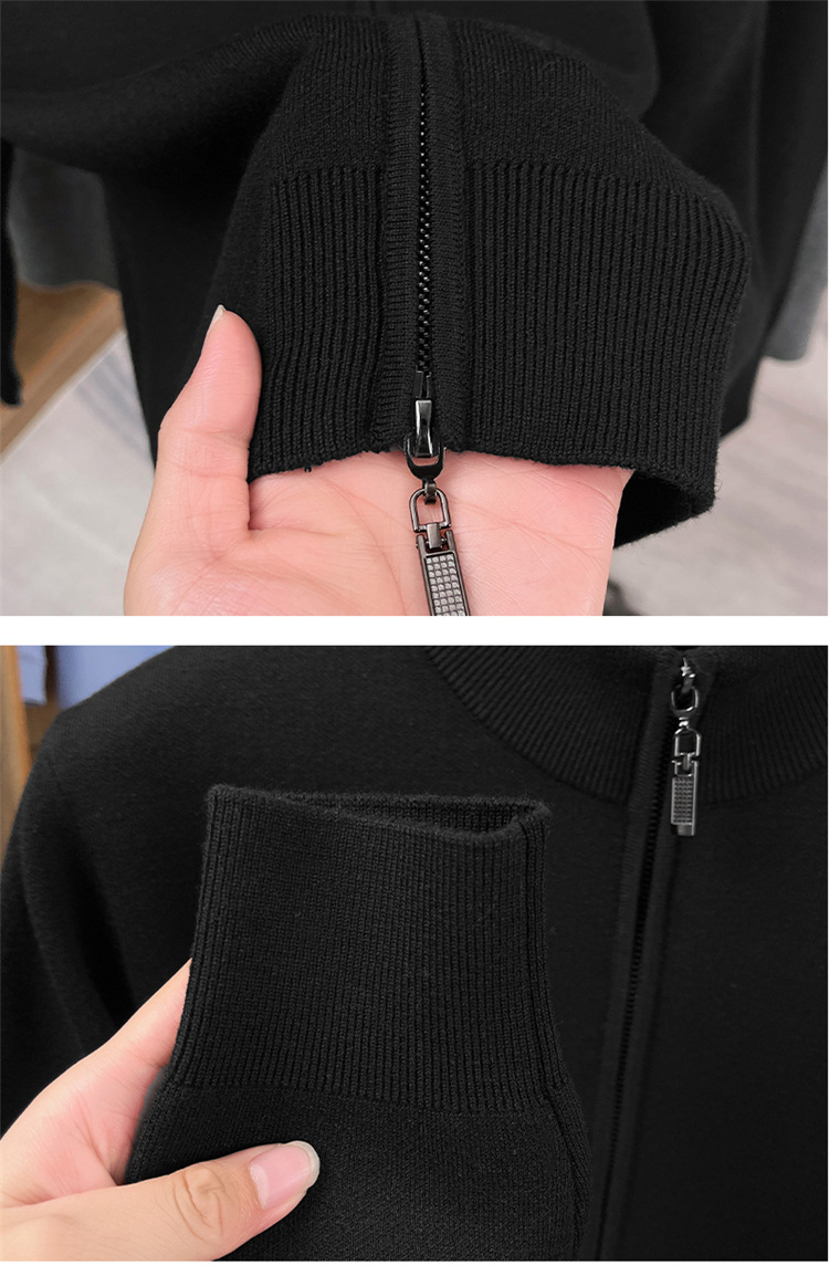 Áo len cardigan nam Haggis 100% len dày dặn có khóa kéo dệt kim cổ đứng — màu đen chi tiết 17