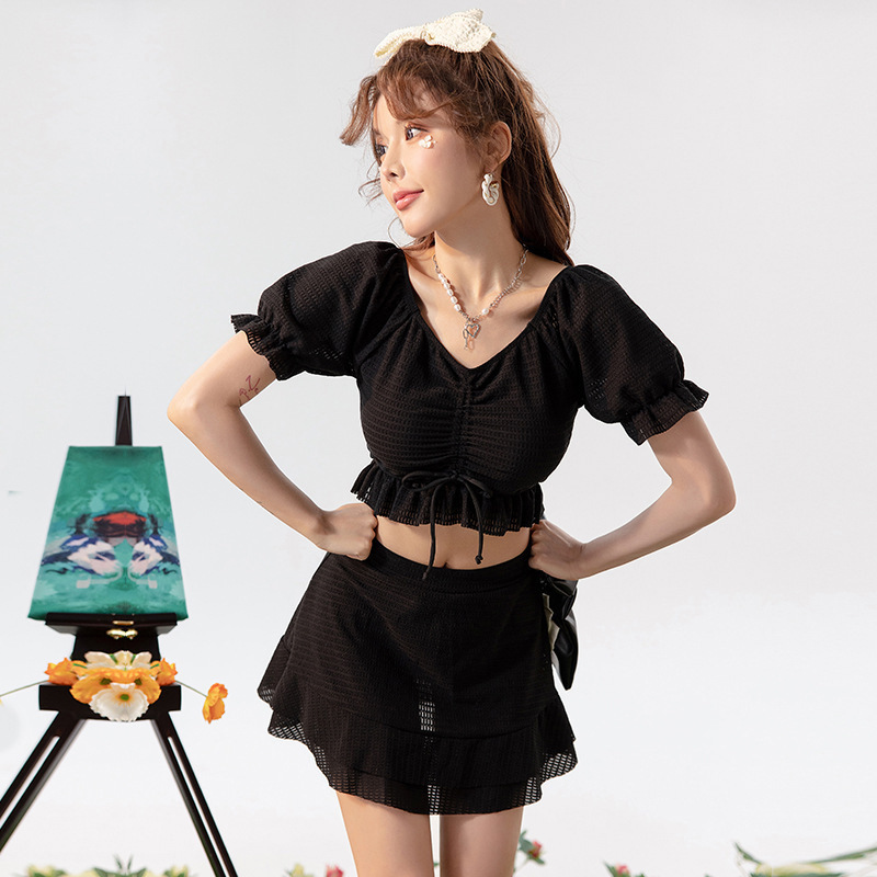 Trajes de baño de mujer de dos piezas de verano conservadores, ropa de baño de vacaciones de color sólido, viento rojo y delgado