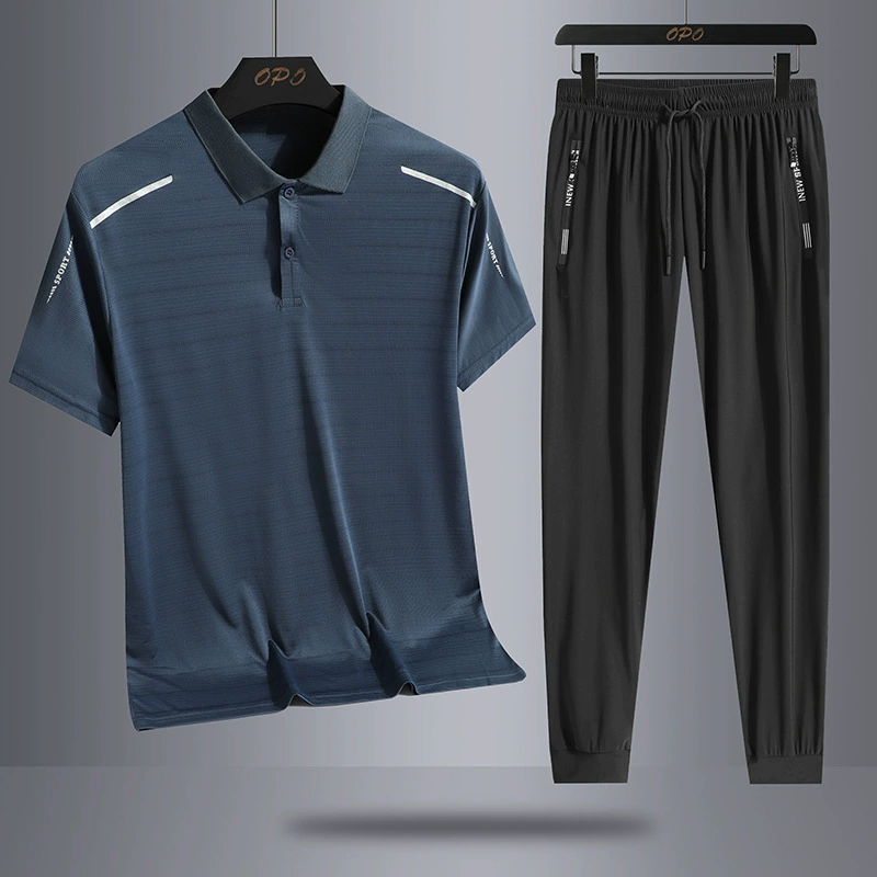 Среднего и пожилого возраста ледяной шелк повседневный набор мужской отворот рубашки POLO быстротушенный с короткими рукавами футболка брюки набор новый оптовая продажа