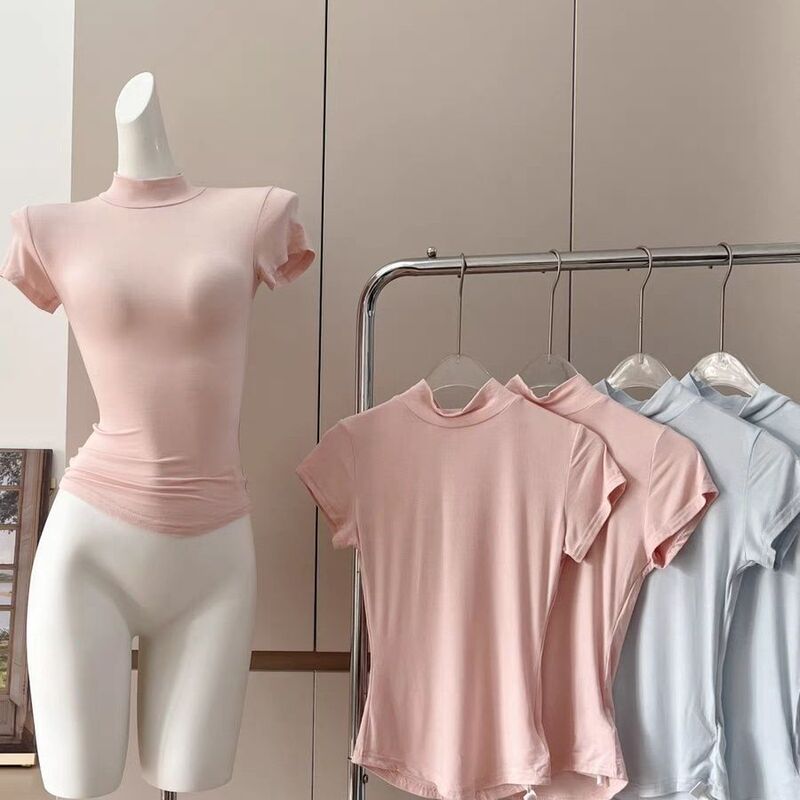 Summer 2026 Korean Style New Half-High Collar Short-Sleeve Vest for Women, Slim Fit, Slimming Base T-Shirt, Modal Cotton Top Summer 2026 Korean Style New Half-High Collar Short-Sleeve Vest for Women, Slim Fit, Slimming Base T-Shirt, Modal Cotton Top