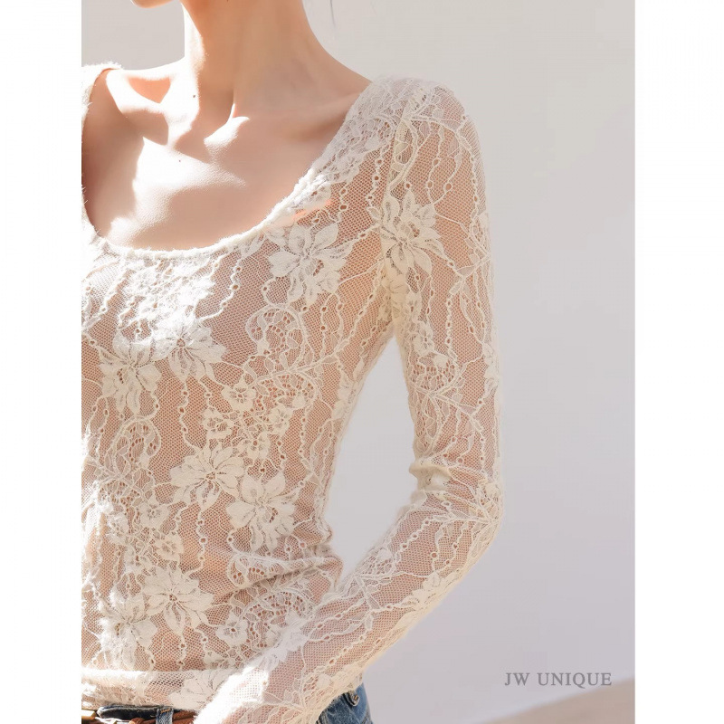 Moon Kiss Cloud Veil Lace Double Layer White U-Neck Sexy Slim Fit Long Sleeve T-Shirt for Women Moon Kiss Cloud Veil Lace Double Layer White U-Neck Sexy Slim Fit Long Sleeve T-Shirt for Women