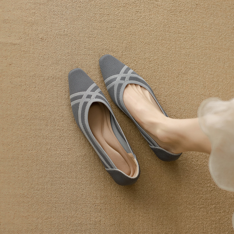 New Japanese-Style Princess Chunky Heel Square-Toe Shallow Knit Color-Blocked Elegant Women's Shoes, Chanel-Style Women's Fashion Flats