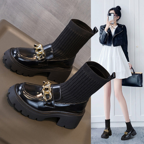 Small size women's shoes, genuine leather socks, fly knitted inner heightening thick soles, small square single shoes, inner heightening wedge heels, trendy shoes, Martin boots for women