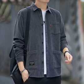 灯芯绒长袖衬衫男宽松中年春秋季针织上衣衬衣外套男图片色现货