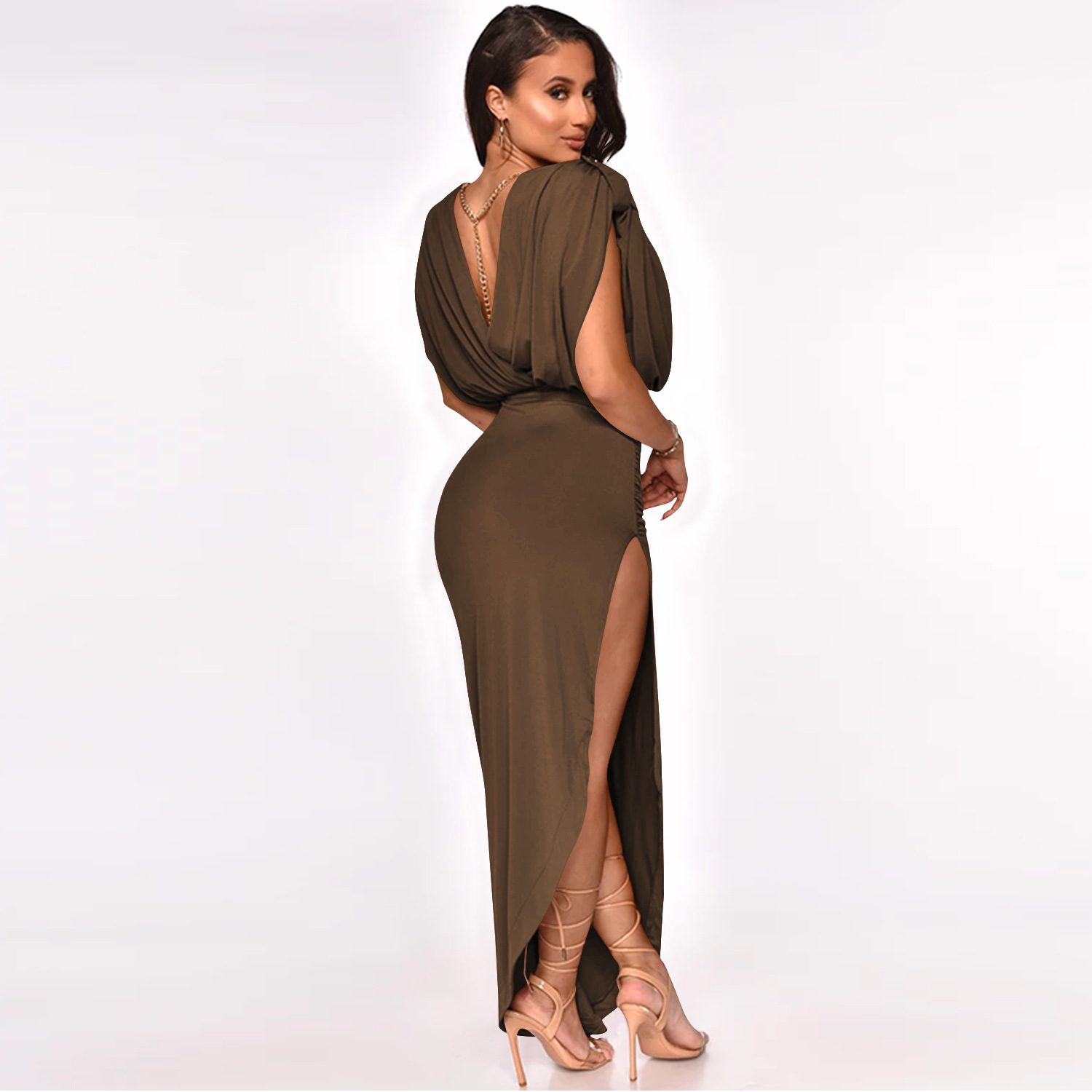 Round Neck Sleeveless Folds Irregular Slit Dress NSXYZ90201