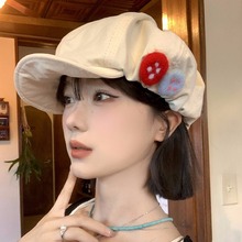 日系复古棉麻八角帽女夏季彩色毛毡纽扣画家帽子不对称云朵贝雷帽