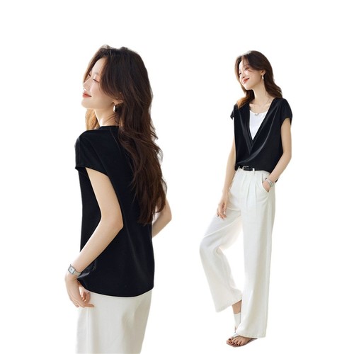 Stylish mock two-piece layered T-shirt for 2025 summer, new summer cool minimalist V-neck top T-shirt