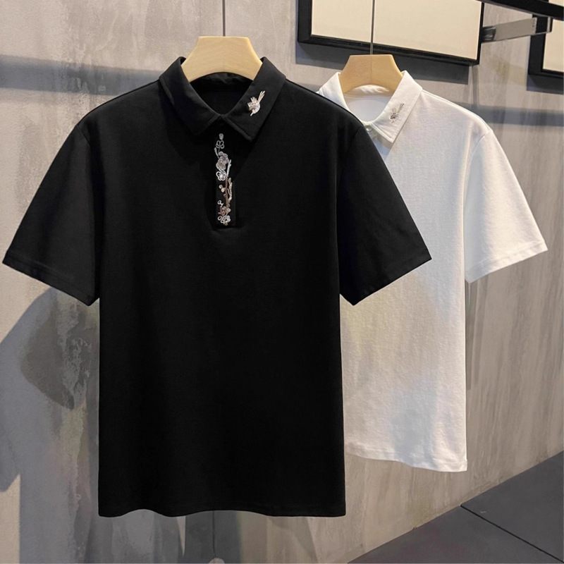 2025 Chinese Style New Chinese Style Plum Blossom Embroidered Lapel Shirt Fashionable Men's Casual Summer New Short-Sleeved Tops Trendy Men
