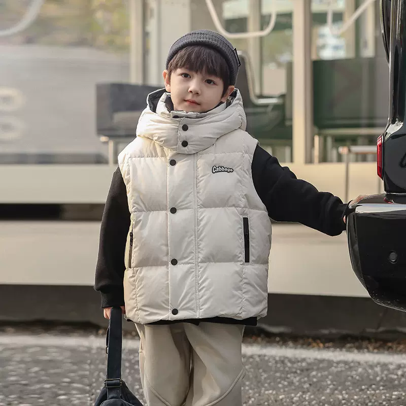 男童连帽羽绒马甲外穿冬季2024新款儿童加厚衣服男孩大童坎肩马夹
