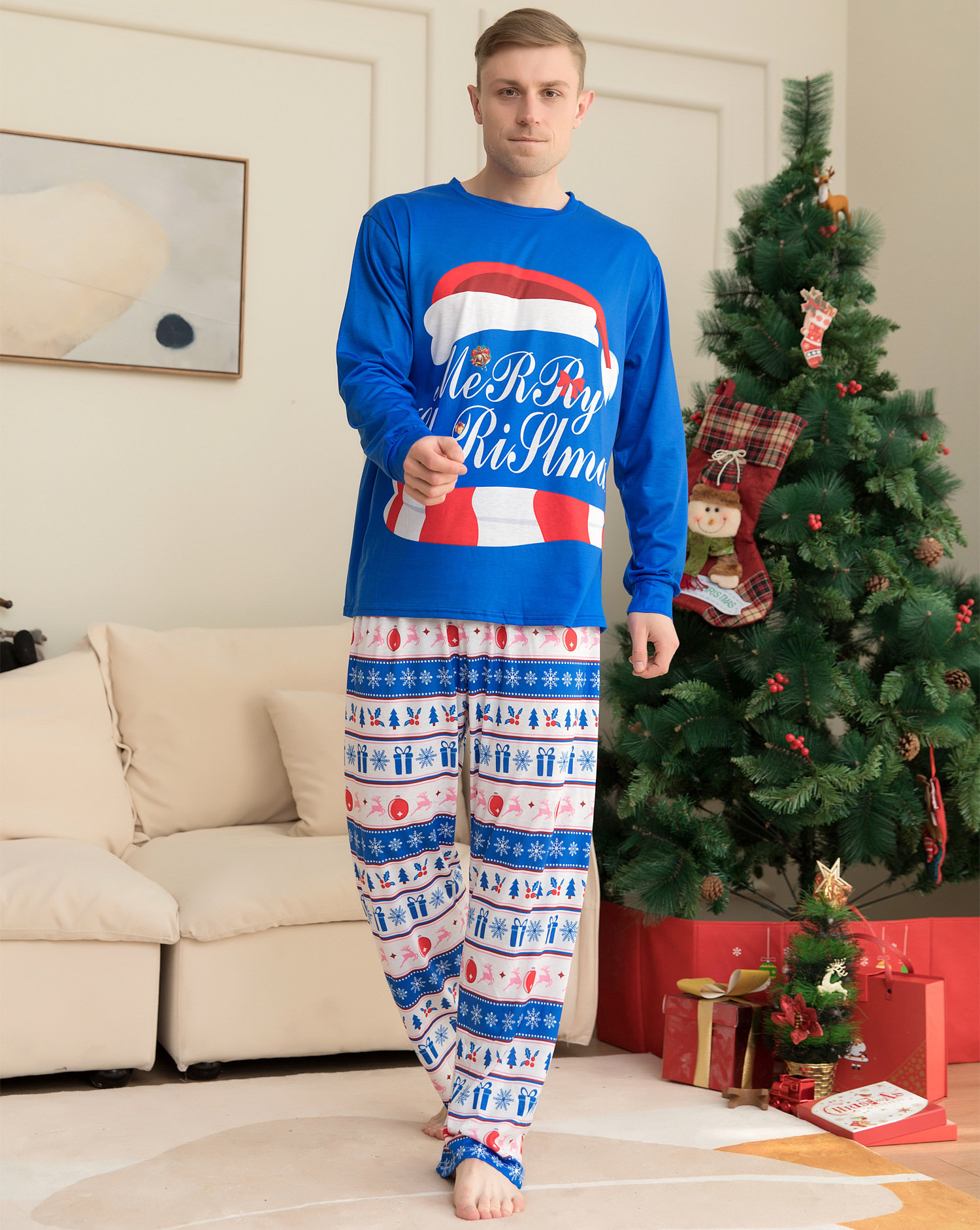 Christmas Striped letter-print home suit pajamas suit Santa hat family suit_voghion.com