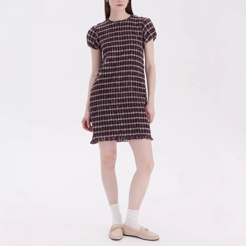 New York Girl Urban Style Burgundy Plaid Puff Sleeve Retro Breathable Short Dress for Women