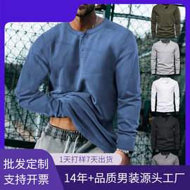 亚马逊跨境2025春秋外贸服装欧美男士长袖t恤男装打底衫男亨利衫